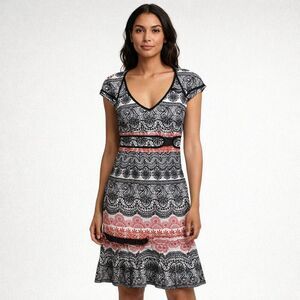 Karen Millen Dress Womens 6 Black White Red Floral Fit Flare V Neck Knee Length